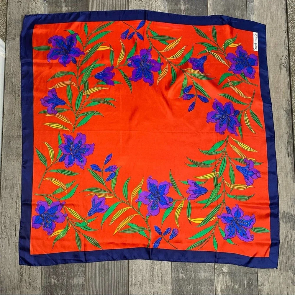 Red & Navy Floral Silk Scarf
